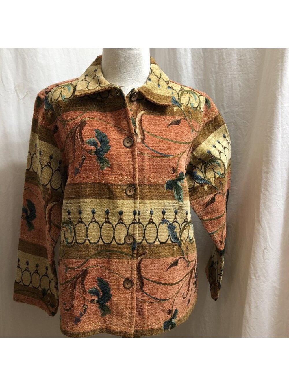 Vintage Willow Ridge Floral Tapestry Jacket -- Orange/Tan -- Size (L)